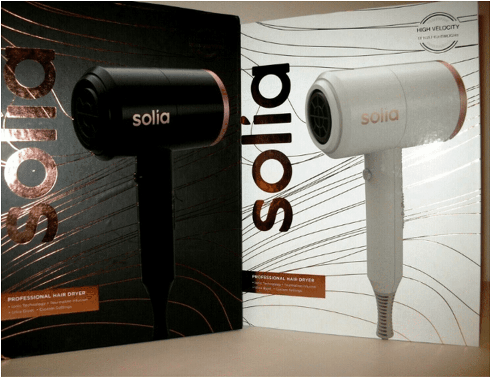 Close-up of Solia Hair Dryer with glowing reviews in the background